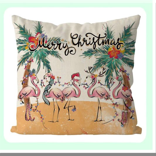 Flamingo Coastal Winter Pillowcase - Xmas Decorative Cushion Case for Sofa Couch - Home Decor Living Room House - 16x16 Inch Pillow Covers
