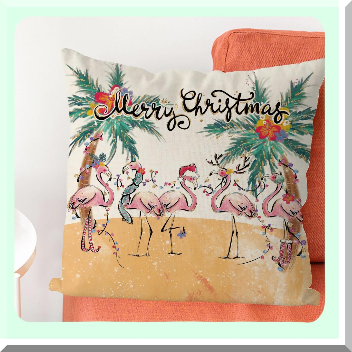 Flamingo Coastal Winter Pillowcase - Xmas Decorative Cushion Case for Sofa Couch - Home Decor Living Room House - 16x16 Inch Pillow Covers
