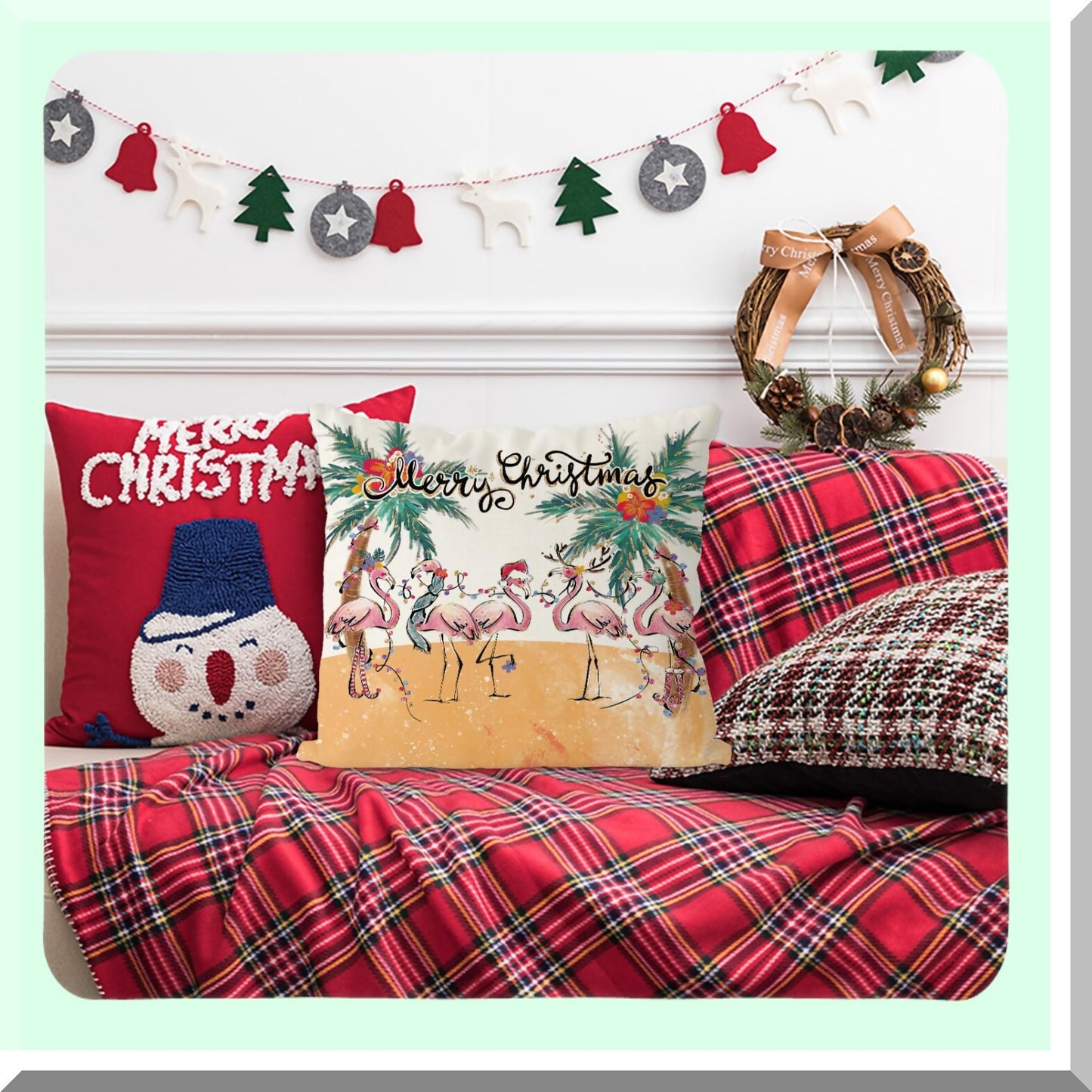 Flamingo Coastal Winter Pillowcase - Xmas Decorative Cushion Case for Sofa Couch - Home Decor Living Room House - 16x16 Inch Pillow Covers