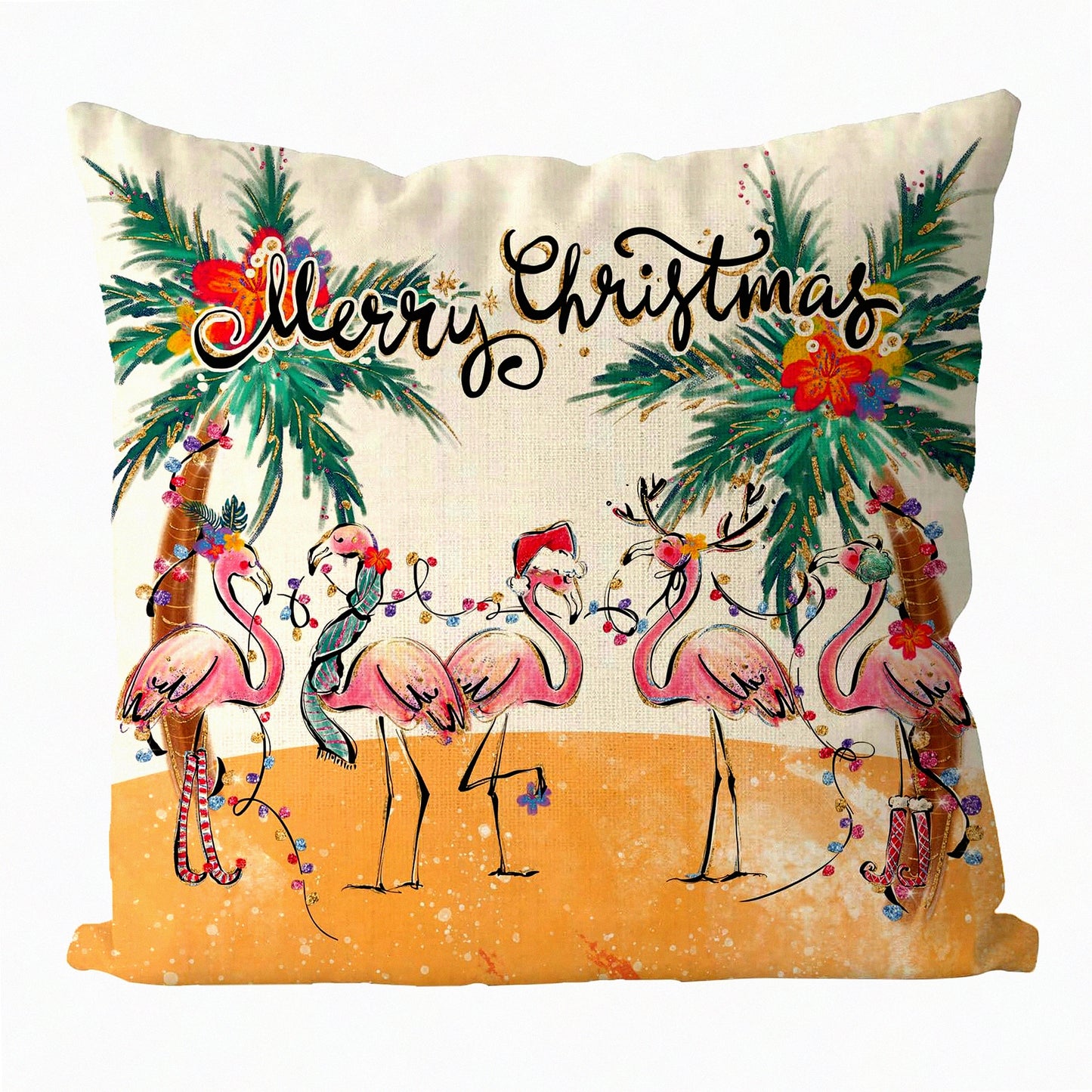 Flamingo Coastal Winter Pillowcase - Xmas Decorative Cushion Case for Sofa Couch - Home Decor Living Room House - 16x16 Inch Pillow Covers