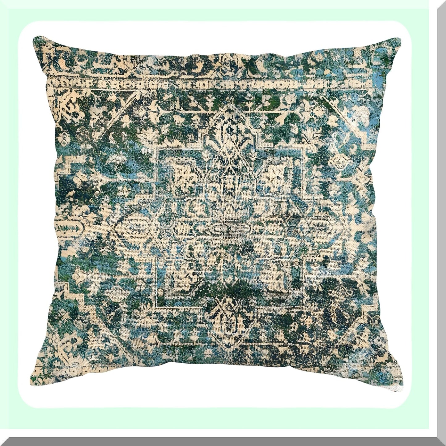 Vintage Persian Green Boho Pillowcase - 18x18 Inch Ethnic Decorative Throw Pillow Cover for Home Decor - Antique Square Linen Cushion Cover