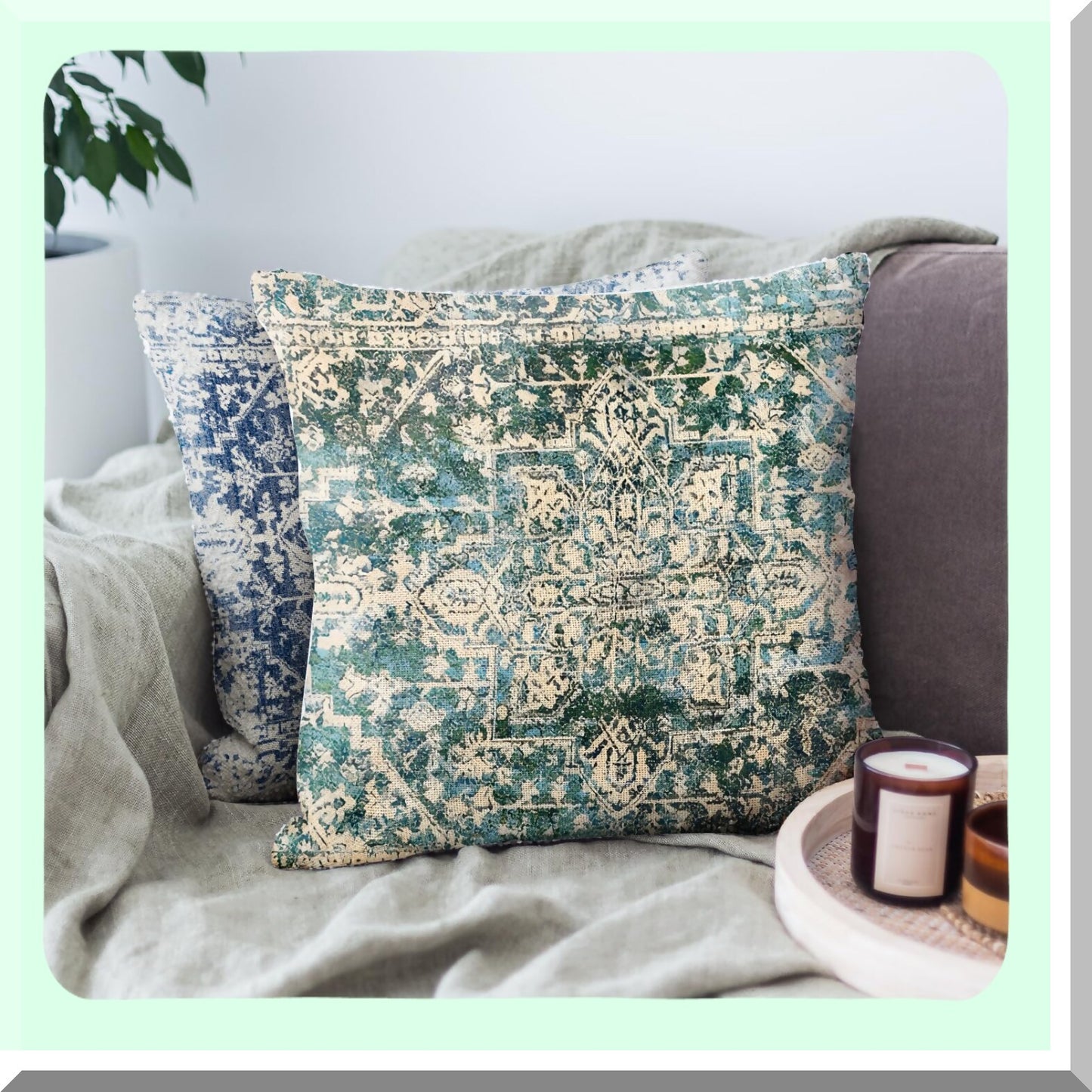 Vintage Persian Green Boho Pillowcase - 18x18 Inch Ethnic Decorative Throw Pillow Cover for Home Decor - Antique Square Linen Cushion Cover