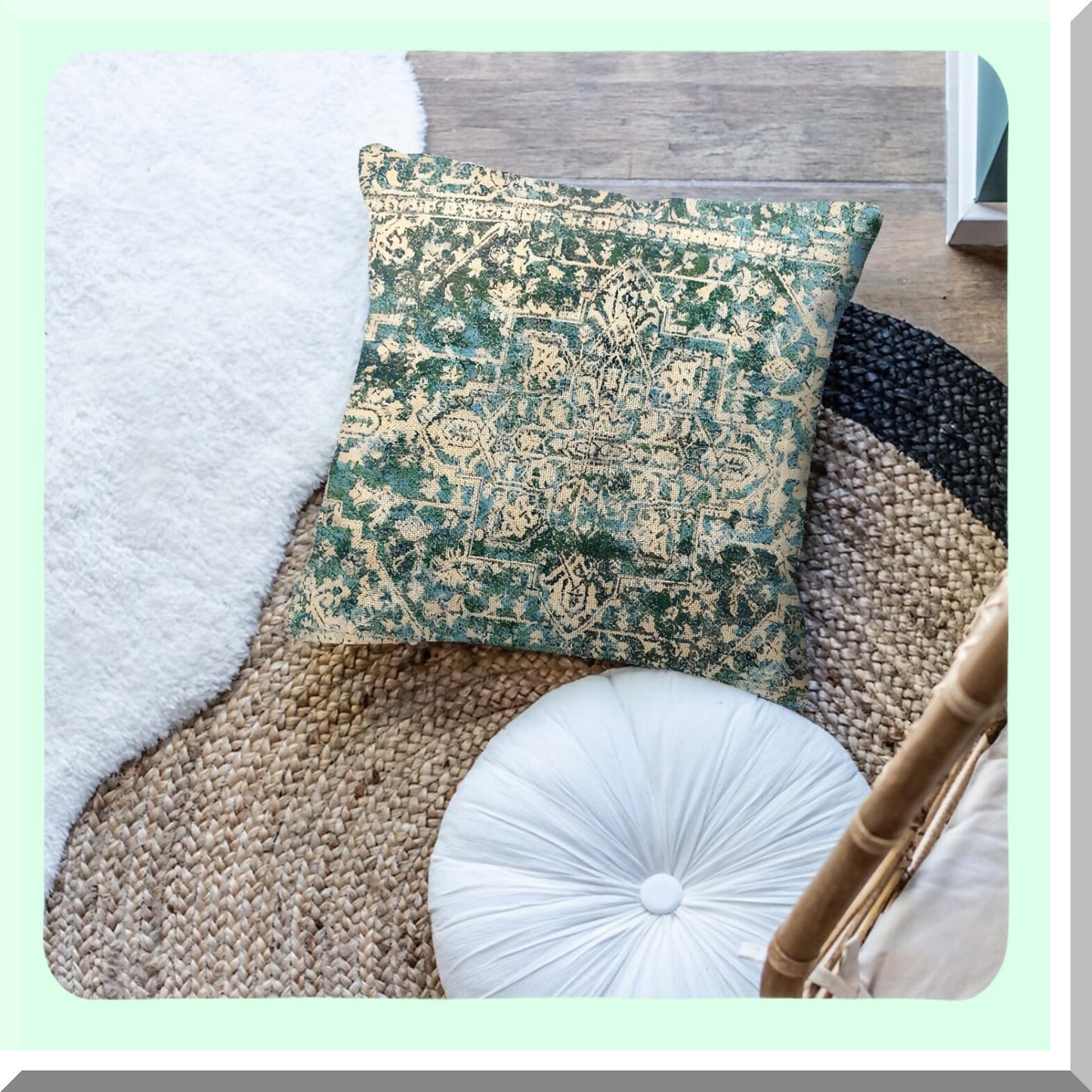 Vintage Persian Green Boho Pillowcase - 18x18 Inch Ethnic Decorative Throw Pillow Cover for Home Decor - Antique Square Linen Cushion Cover