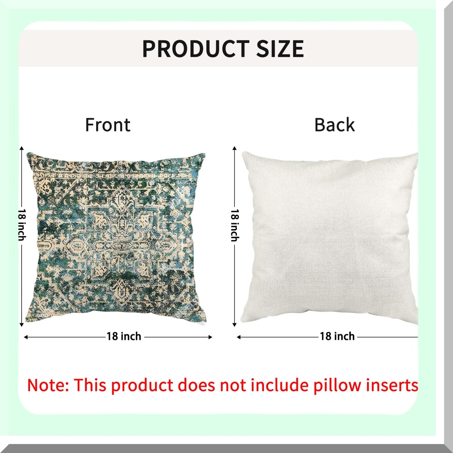 Vintage Persian Green Boho Pillowcase - 18x18 Inch Ethnic Decorative Throw Pillow Cover for Home Decor - Antique Square Linen Cushion Cover