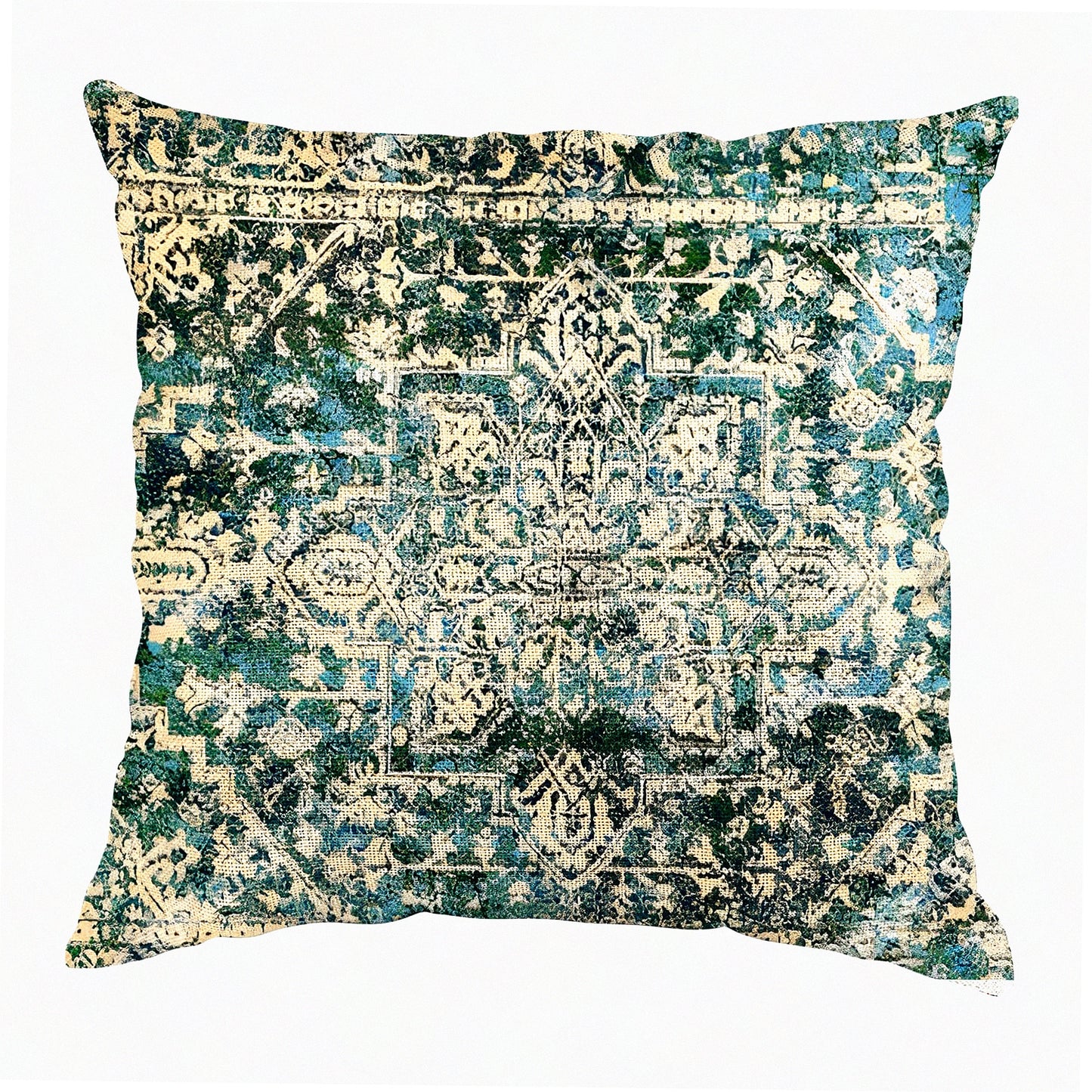Vintage Persian Green Boho Pillowcase - 18x18 Inch Ethnic Decorative Throw Pillow Cover for Home Decor - Antique Square Linen Cushion Cover