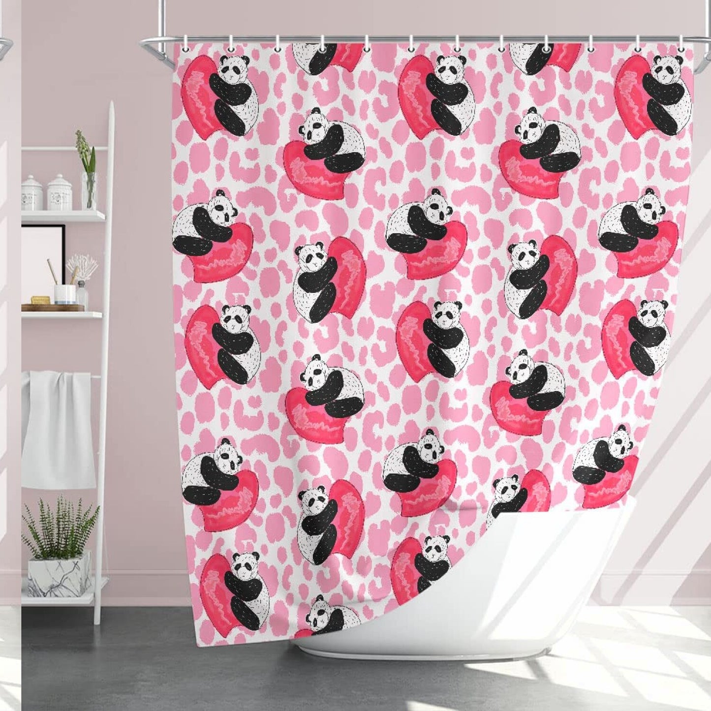 Panda Heart Shower Curtain with Pink Leopard Design