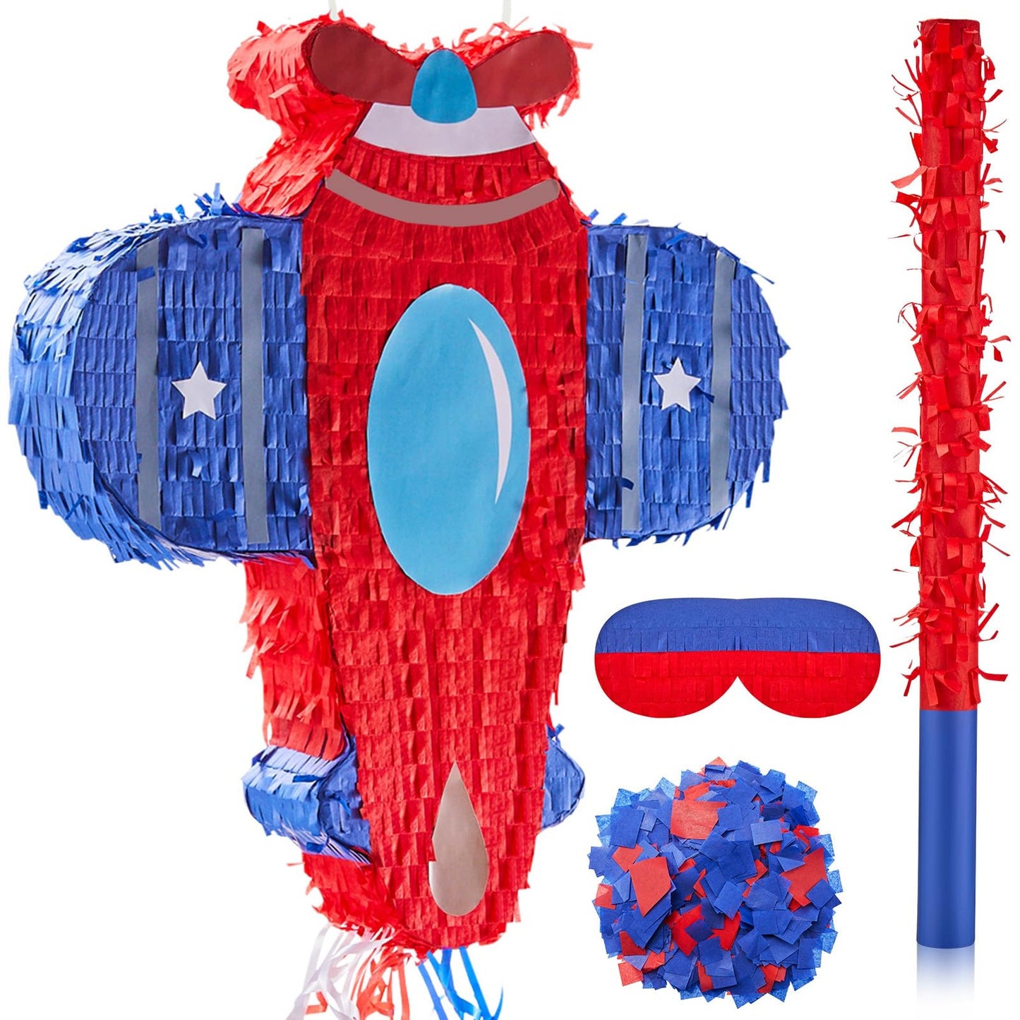 Airplane Adventure Pinata Kit - Small Plane Space Theme Birthday Party Supplies with Stick, Blindfold, Confetti - Mexican Fiesta Decorations 17x15x3"
