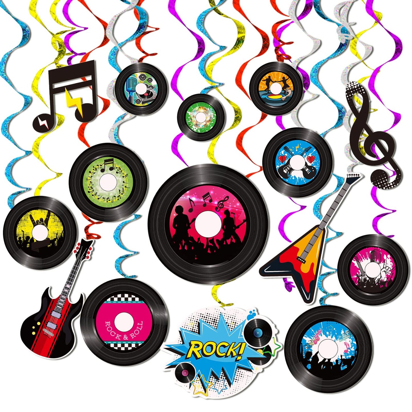Rockin' Record Swirls & Streamers - 60-Piece Music Party Decor Set with Hanging Banners, Double-Sided Cutouts, and Ceiling Decorations for Birthdays