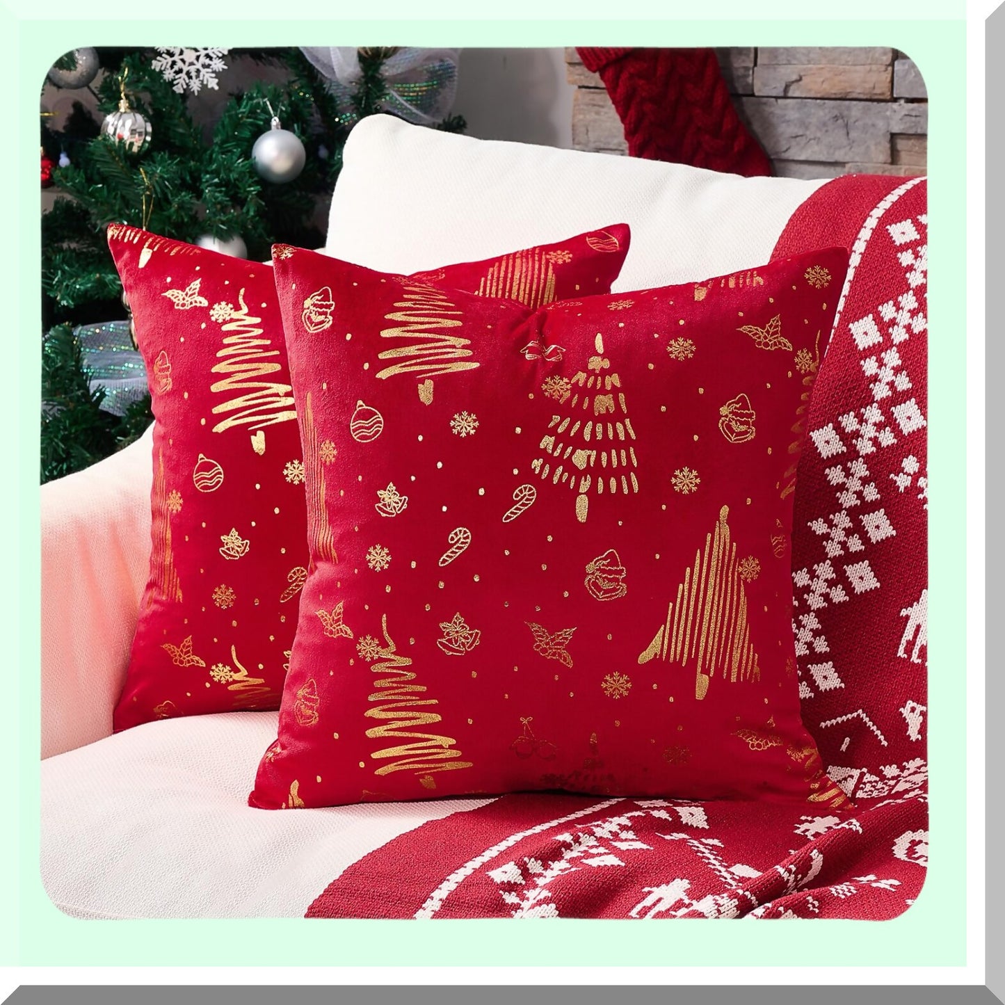 Festive Velvet Pillow Covers - Set of 2 Red Gold Xmas Tree Grinch Decor Throw Pillows 18x18 for Winter Holiday Home Decor Bedroom Living Room