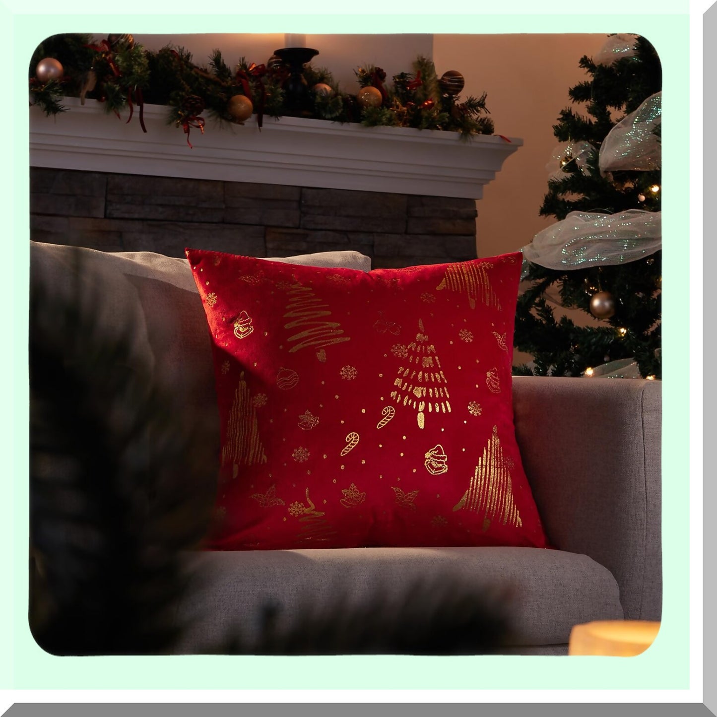 Festive Velvet Pillow Covers - Set of 2 Red Gold Xmas Tree Grinch Decor Throw Pillows 18x18 for Winter Holiday Home Decor Bedroom Living Room