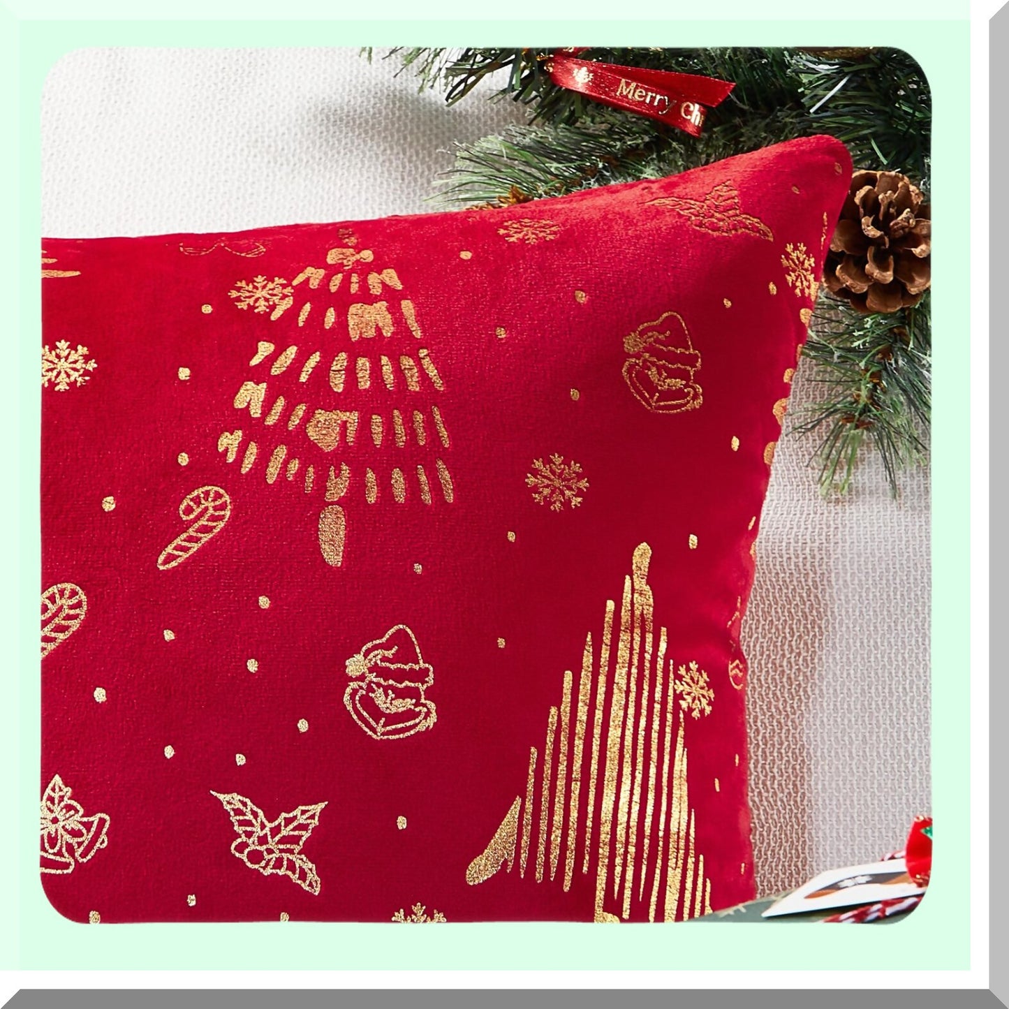 Festive Velvet Pillow Covers - Set of 2 Red Gold Xmas Tree Grinch Decor Throw Pillows 18x18 for Winter Holiday Home Decor Bedroom Living Room