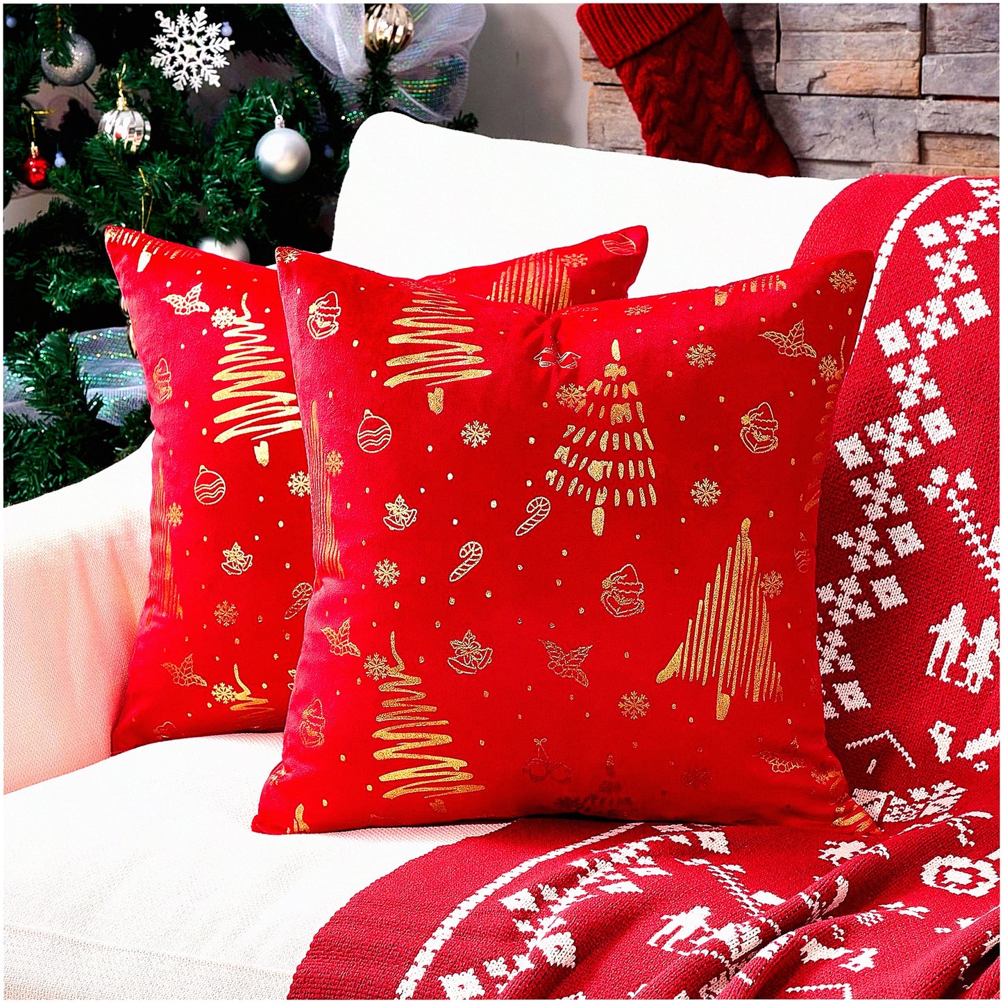 Festive Velvet Pillow Covers - Set of 2 Red Gold Xmas Tree Grinch Decor Throw Pillows 18x18 for Winter Holiday Home Decor Bedroom Living Room