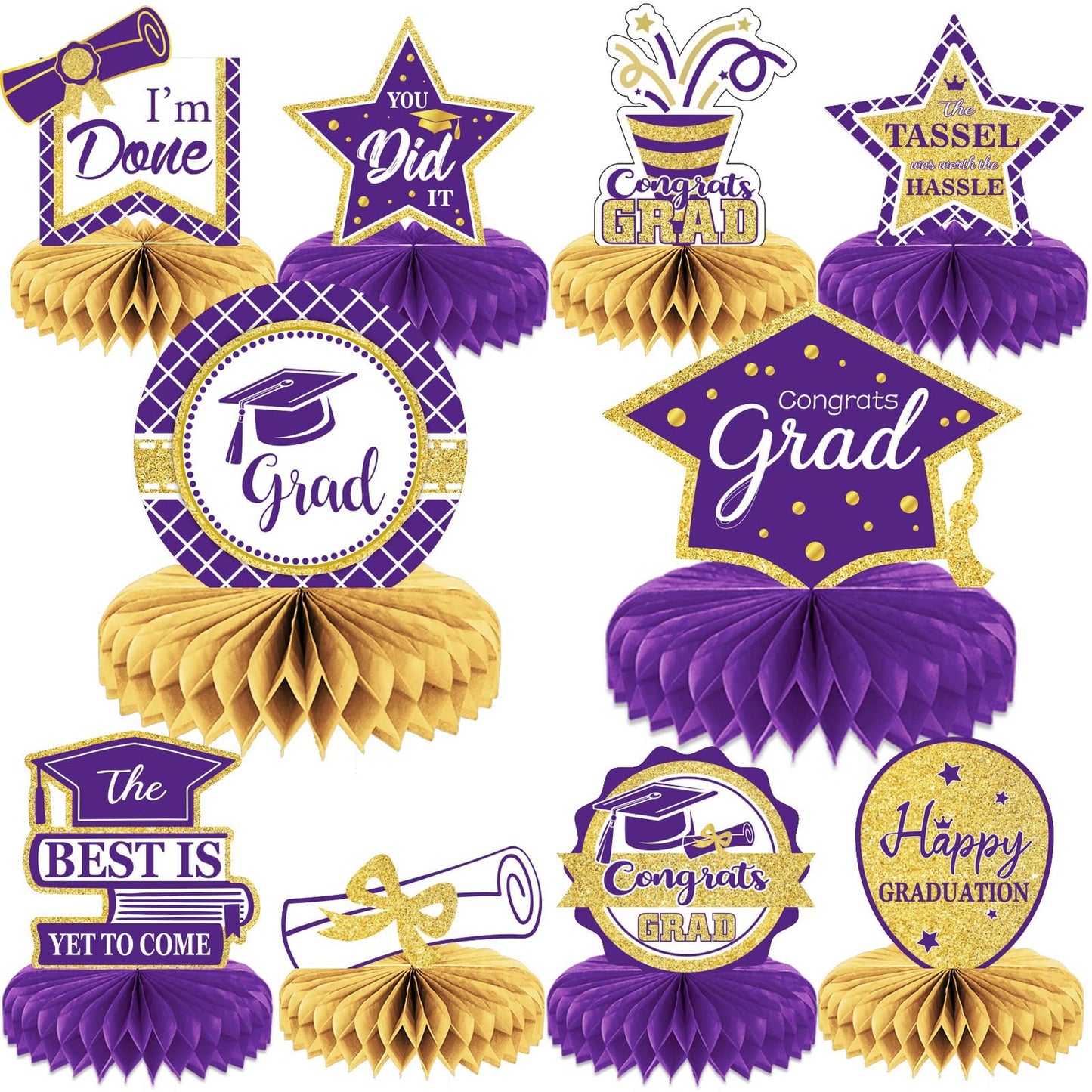 2024 Grad Party Honeycomb Centerpieces - Set of 10 Purple Congrats Grad Table Toppers. Perfect decorations for your 2024 graduation celebration!