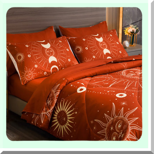 Sun & Moon Celestial Terracotta 7-Piece Comforter Set - Full/Queen Size | Lightweight Bedding Set with Sheets & Pillowcases | Super Soft & Cozy | Burnt Orange Color