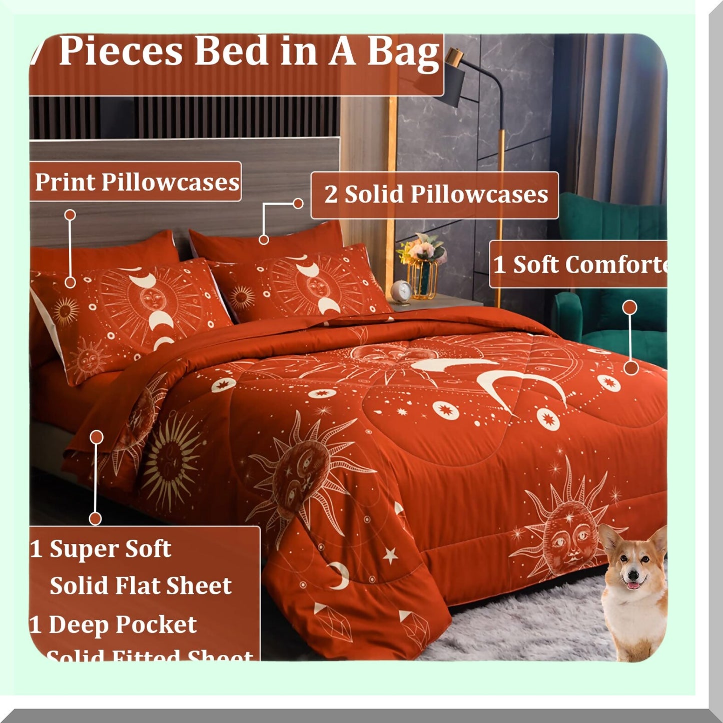 Sun & Moon Celestial Terracotta 7-Piece Comforter Set - Full/Queen Size | Lightweight Bedding Set with Sheets & Pillowcases | Super Soft & Cozy | Burnt Orange Color