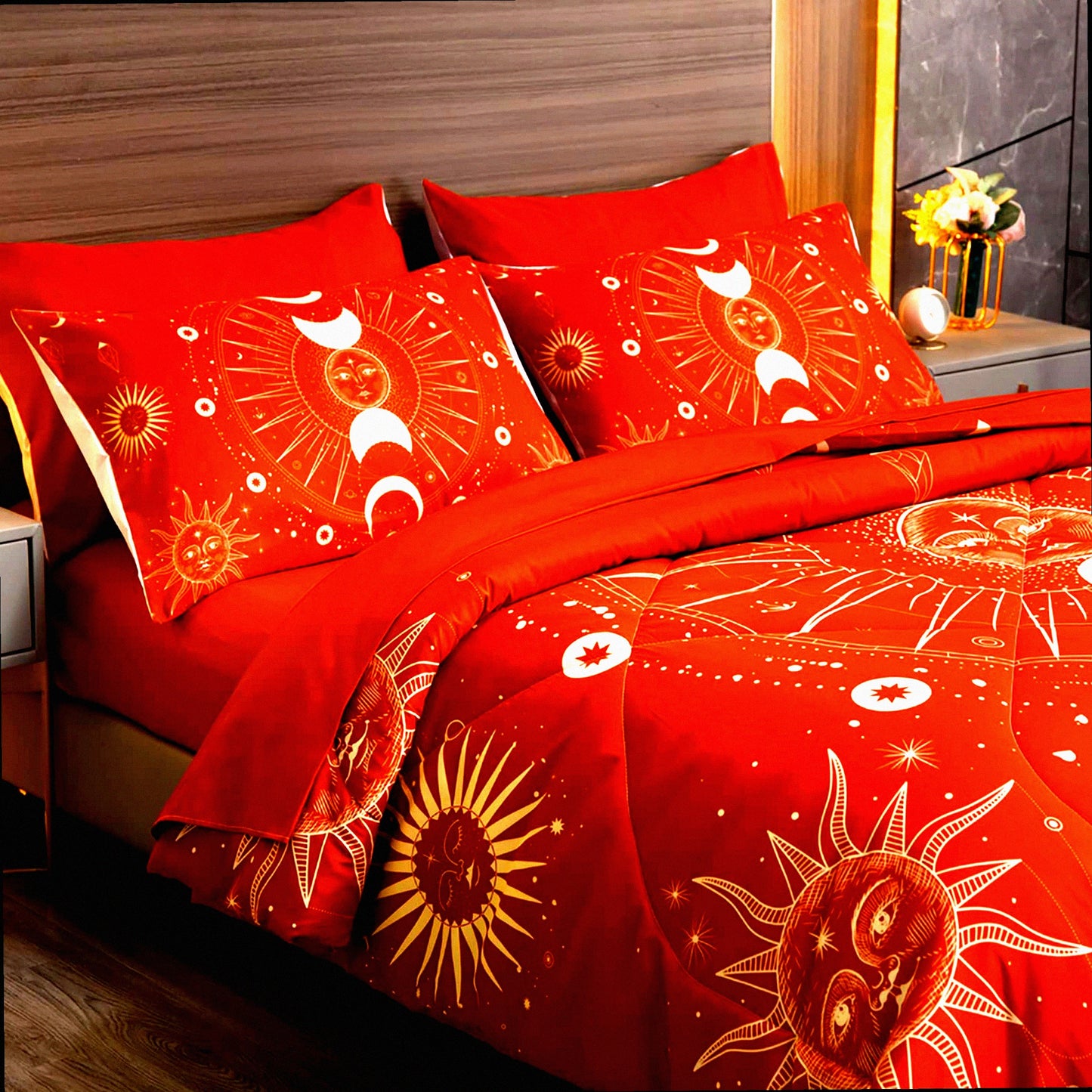 Sun & Moon Celestial Terracotta 7-Piece Comforter Set - Full/Queen Size | Lightweight Bedding Set with Sheets & Pillowcases | Super Soft & Cozy | Burnt Orange Color