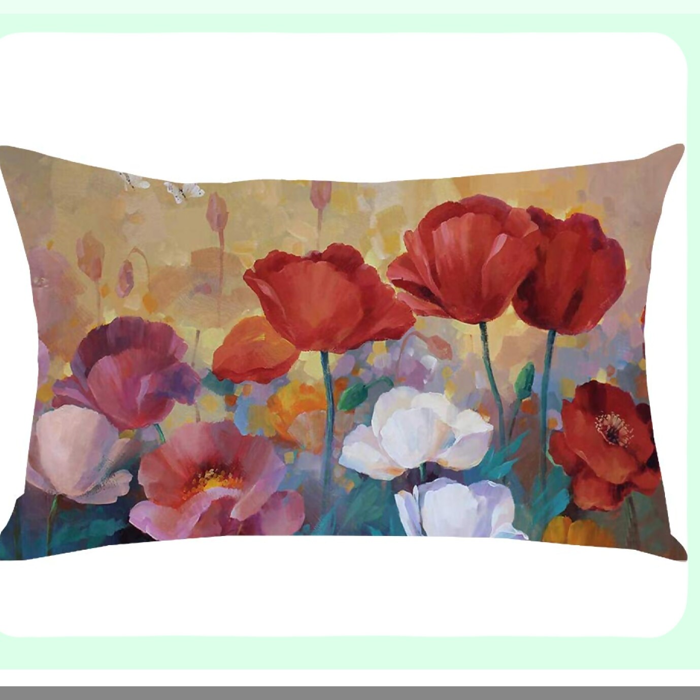 Poppy Blossom Watercolor Decorative Pillow Cover - Pink Red Floral Ink Painting Lumbar Pillowcase for Home Sofa Chair Bed Decoration - Cotton Linen Throw Pillow Case 12 x 20 Inches