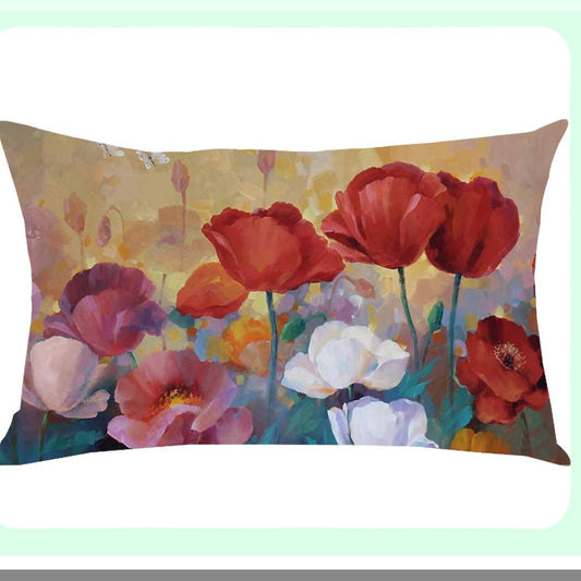 Poppy Blossom Watercolor Decorative Pillow Cover - Pink Red Floral Ink Painting Lumbar Pillowcase for Home Sofa Chair Bed Decoration - Cotton Linen Throw Pillow Case 12 x 20 Inches