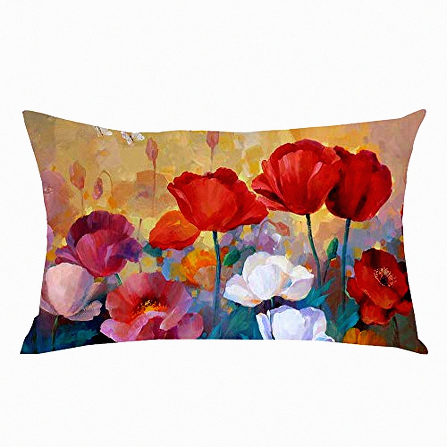 Poppy Blossom Watercolor Decorative Pillow Cover - Pink Red Floral Ink Painting Lumbar Pillowcase for Home Sofa Chair Bed Decoration - Cotton Linen Throw Pillow Case 12 x 20 Inches