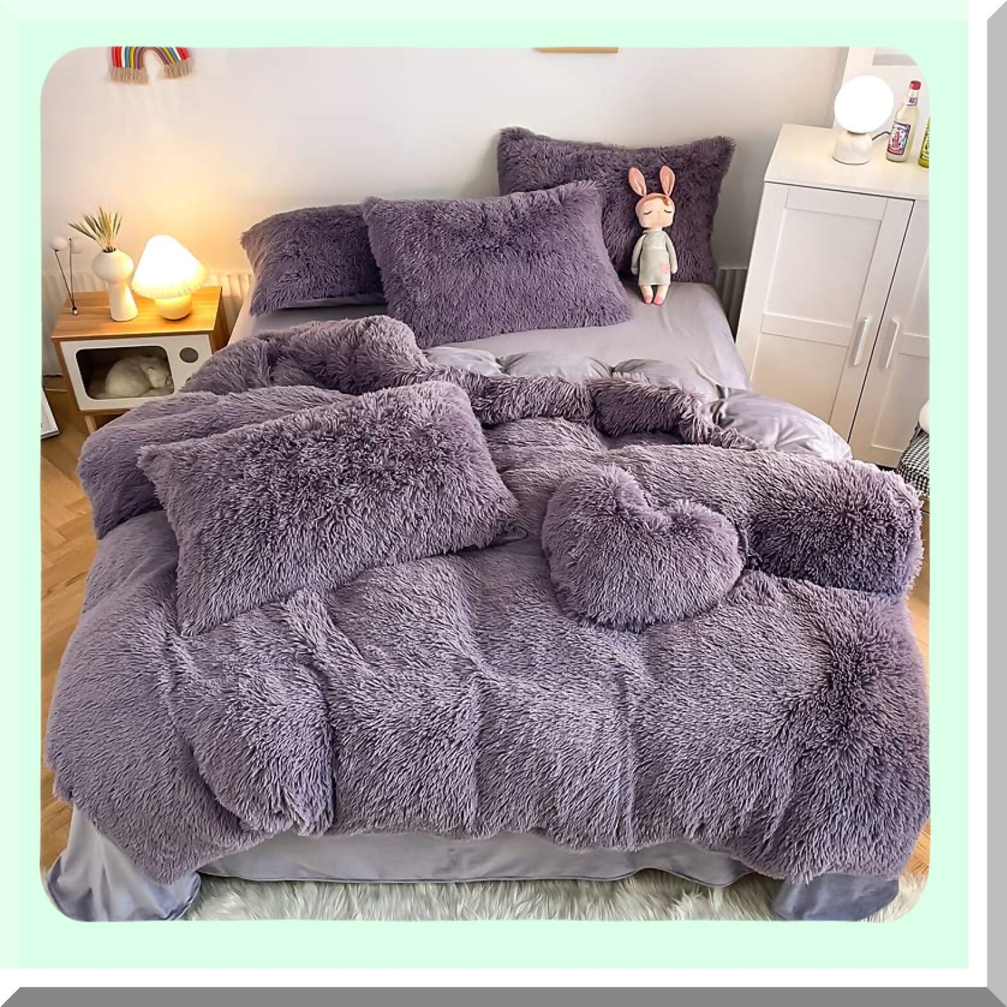 UltraPlush Purple Fluffy Comforter Set - Queen Size 3PC Bedding Bundle with Soft Rabbit Plush Flannel Velvet, Warm & Cozy, Includes 1 Comforter & 2 Pillowcases