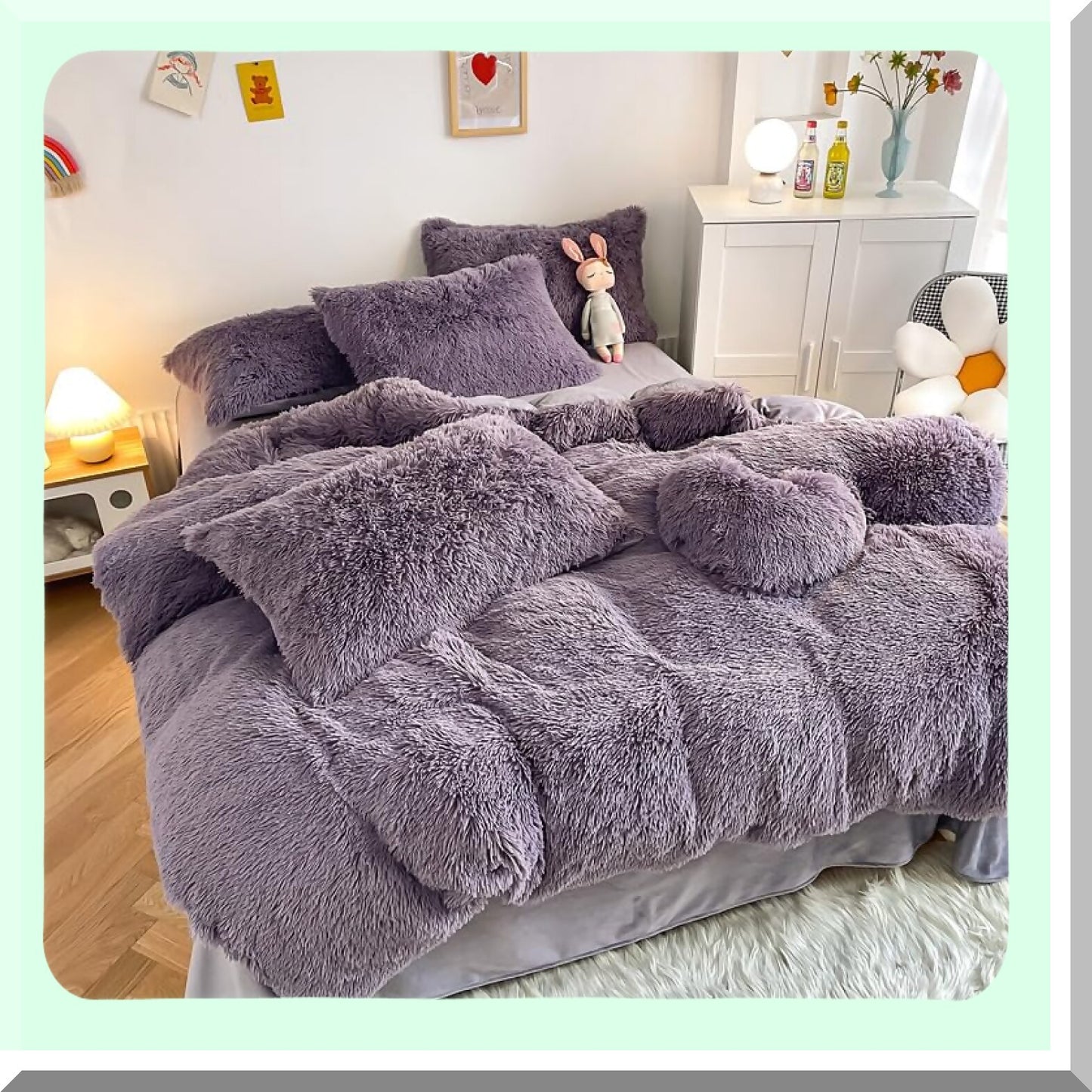 UltraPlush Purple Fluffy Comforter Set - Queen Size 3PC Bedding Bundle with Soft Rabbit Plush Flannel Velvet, Warm & Cozy, Includes 1 Comforter & 2 Pillowcases