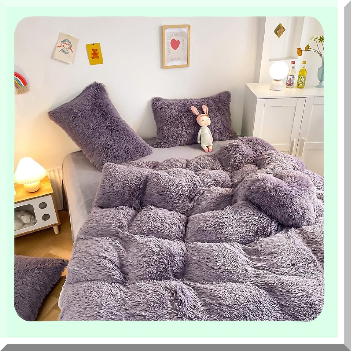 UltraPlush Purple Fluffy Comforter Set - Queen Size 3PC Bedding Bundle with Soft Rabbit Plush Flannel Velvet, Warm & Cozy, Includes 1 Comforter & 2 Pillowcases
