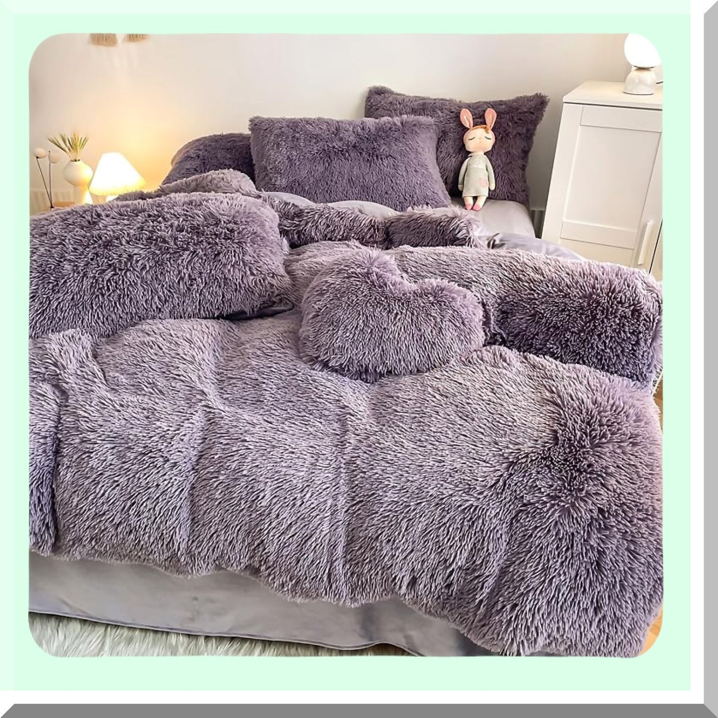UltraPlush Purple Fluffy Comforter Set - Queen Size 3PC Bedding Bundle with Soft Rabbit Plush Flannel Velvet, Warm & Cozy, Includes 1 Comforter & 2 Pillowcases