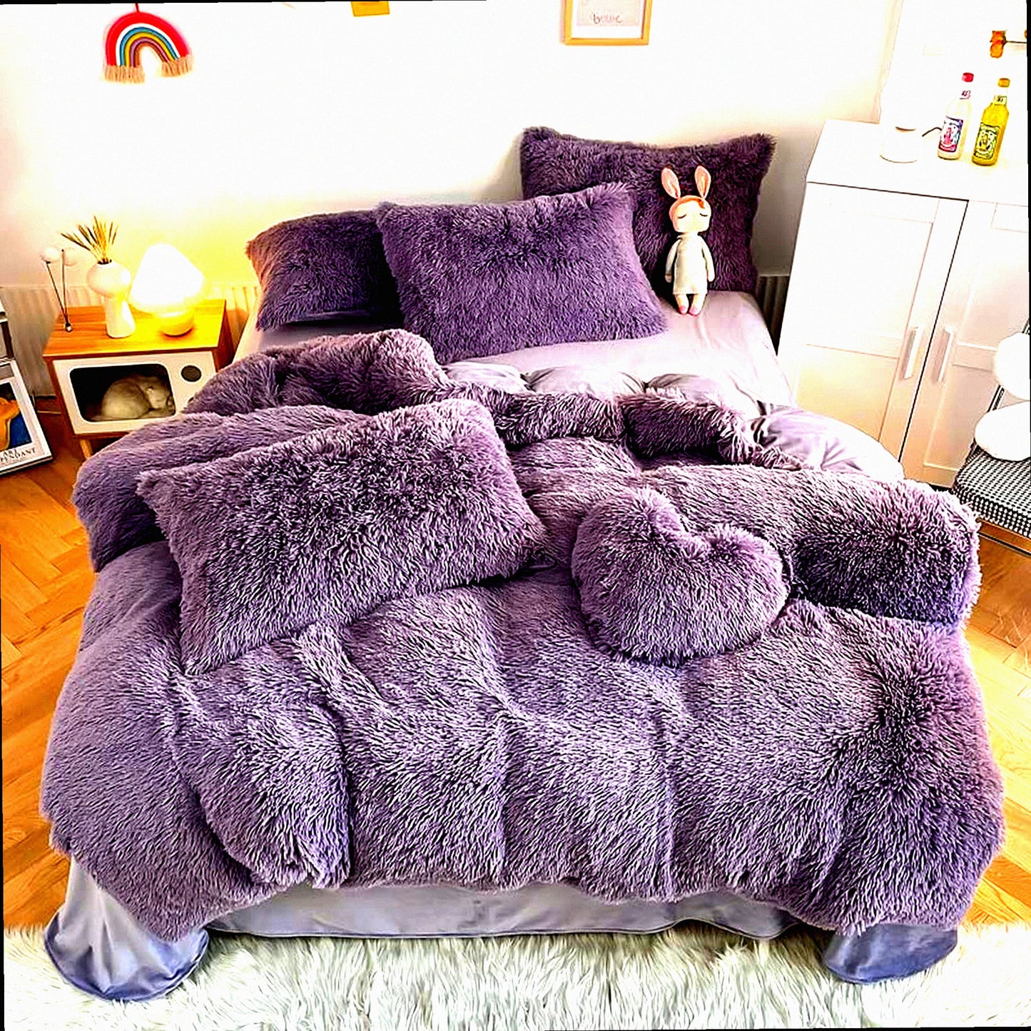 UltraPlush Purple Fluffy Comforter Set - Queen Size 3PC Bedding Bundle with Soft Rabbit Plush Flannel Velvet, Warm & Cozy, Includes 1 Comforter & 2 Pillowcases