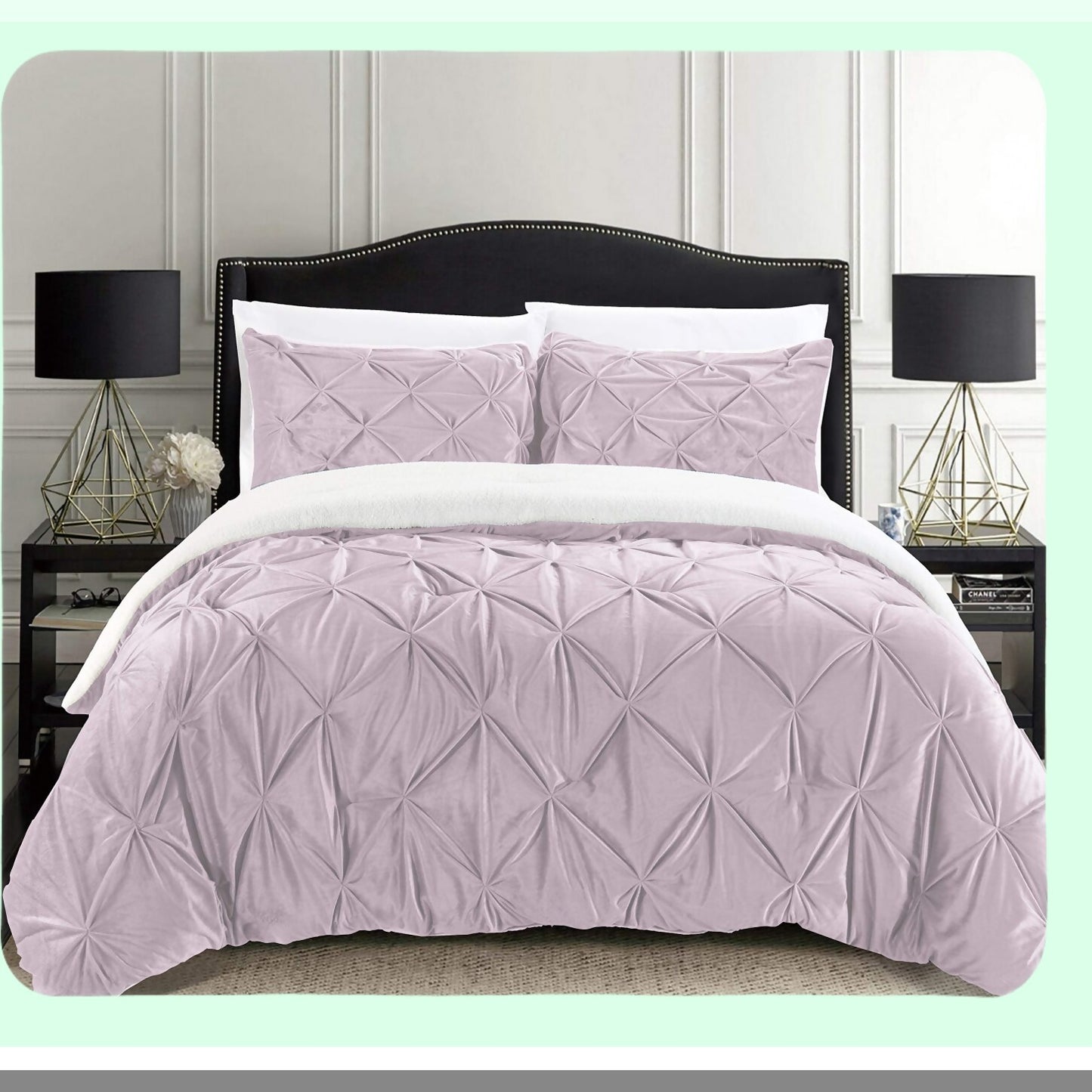 Luxury Sherpa Comforter Set - Queen Size 3-Piece Pinch Pleated Reversible Down Alternative Bedding in Dusty Rose. Luxurious, Cozy, Breathable Fabric.