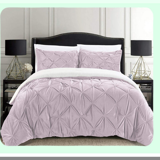 Luxury Sherpa Comforter Set - Queen Size 3-Piece Pinch Pleated Reversible Down Alternative Bedding in Dusty Rose. Luxurious, Cozy, Breathable Fabric.