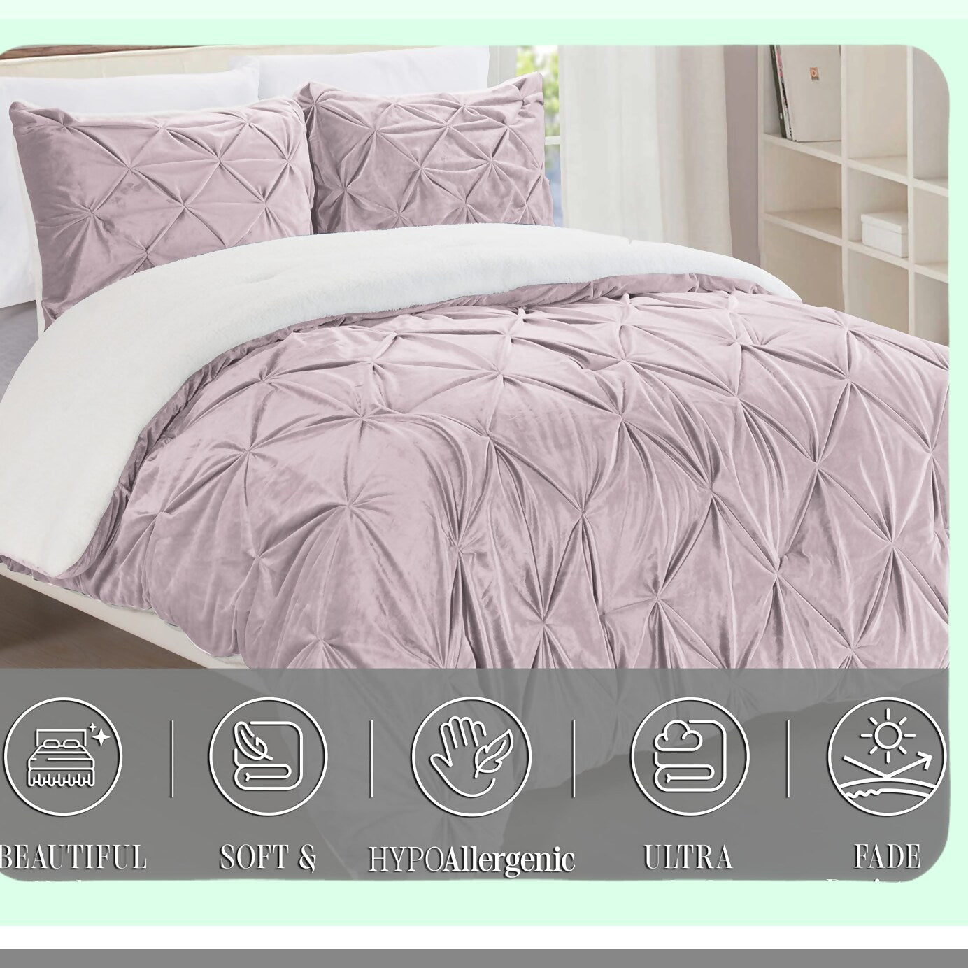 Luxury Sherpa Comforter Set - Queen Size 3-Piece Pinch Pleated Reversible Down Alternative Bedding in Dusty Rose. Luxurious, Cozy, Breathable Fabric.