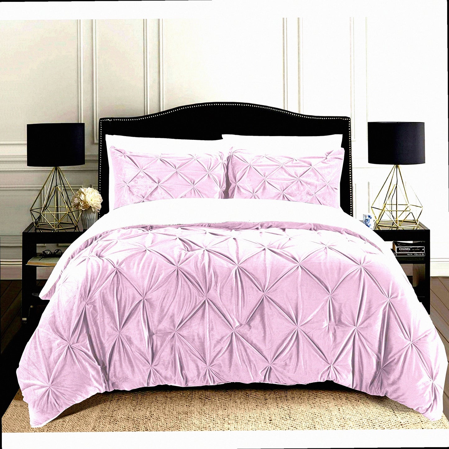 Luxury Sherpa Comforter Set - Queen Size 3-Piece Pinch Pleated Reversible Down Alternative Bedding in Dusty Rose. Luxurious, Cozy, Breathable Fabric.