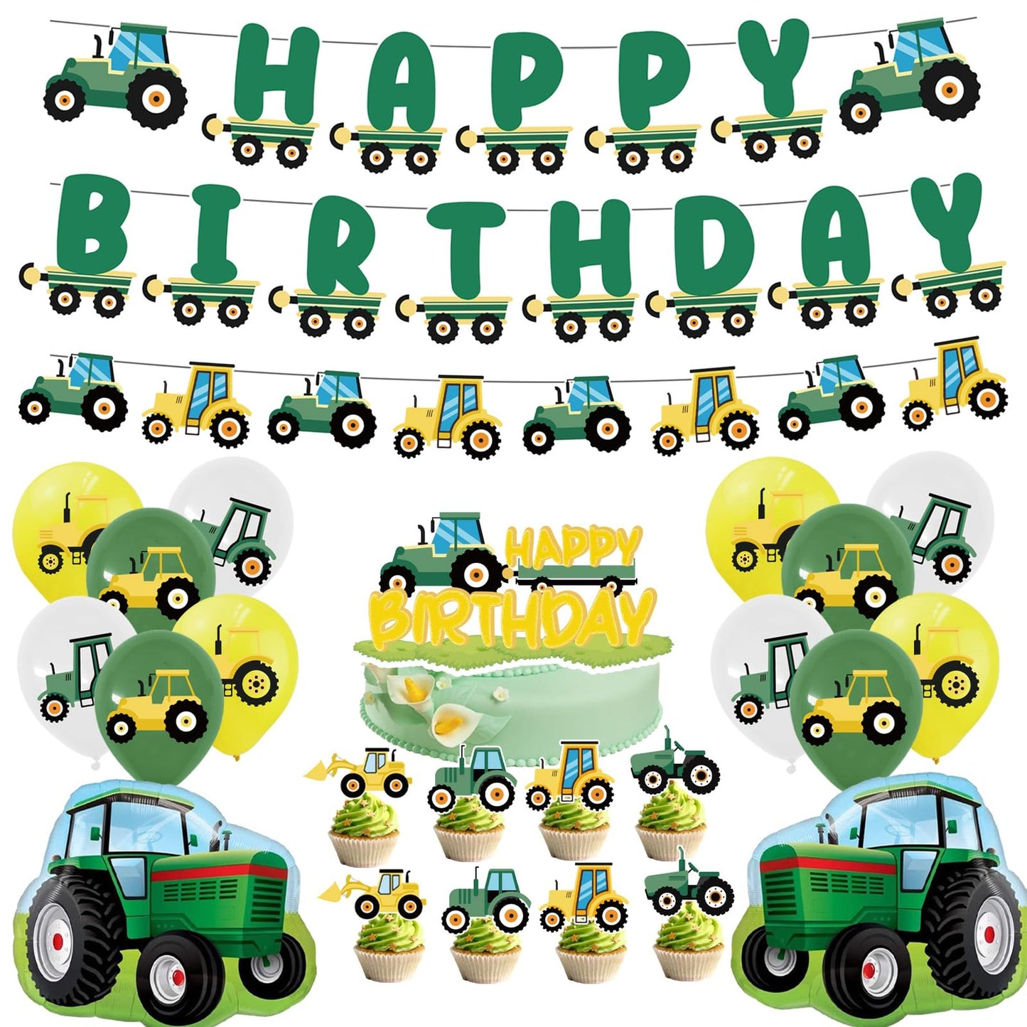 Green Tractor Birthday Bash Kit - Includes Happy Birthday Banner, Cupcake Toppers, Balloons & More! Perfect for Boys & Girls Farm Themed Parties!