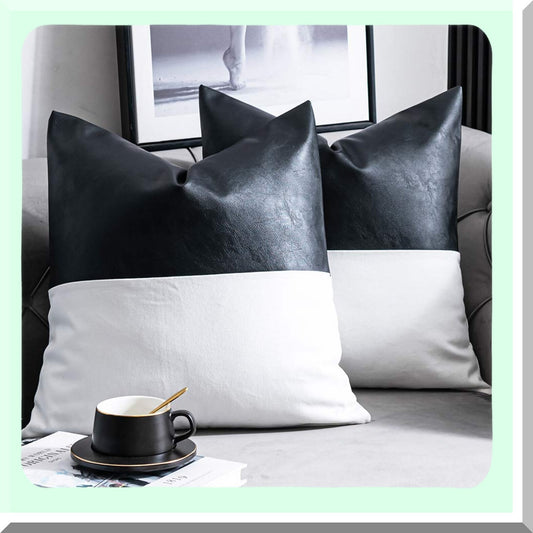 Modern Leather Accent Pillow Set - 20x20 Inch Decorative Cushion Covers for Living Room & Bedroom, Set of 2 Black & White Throw Pillowcases