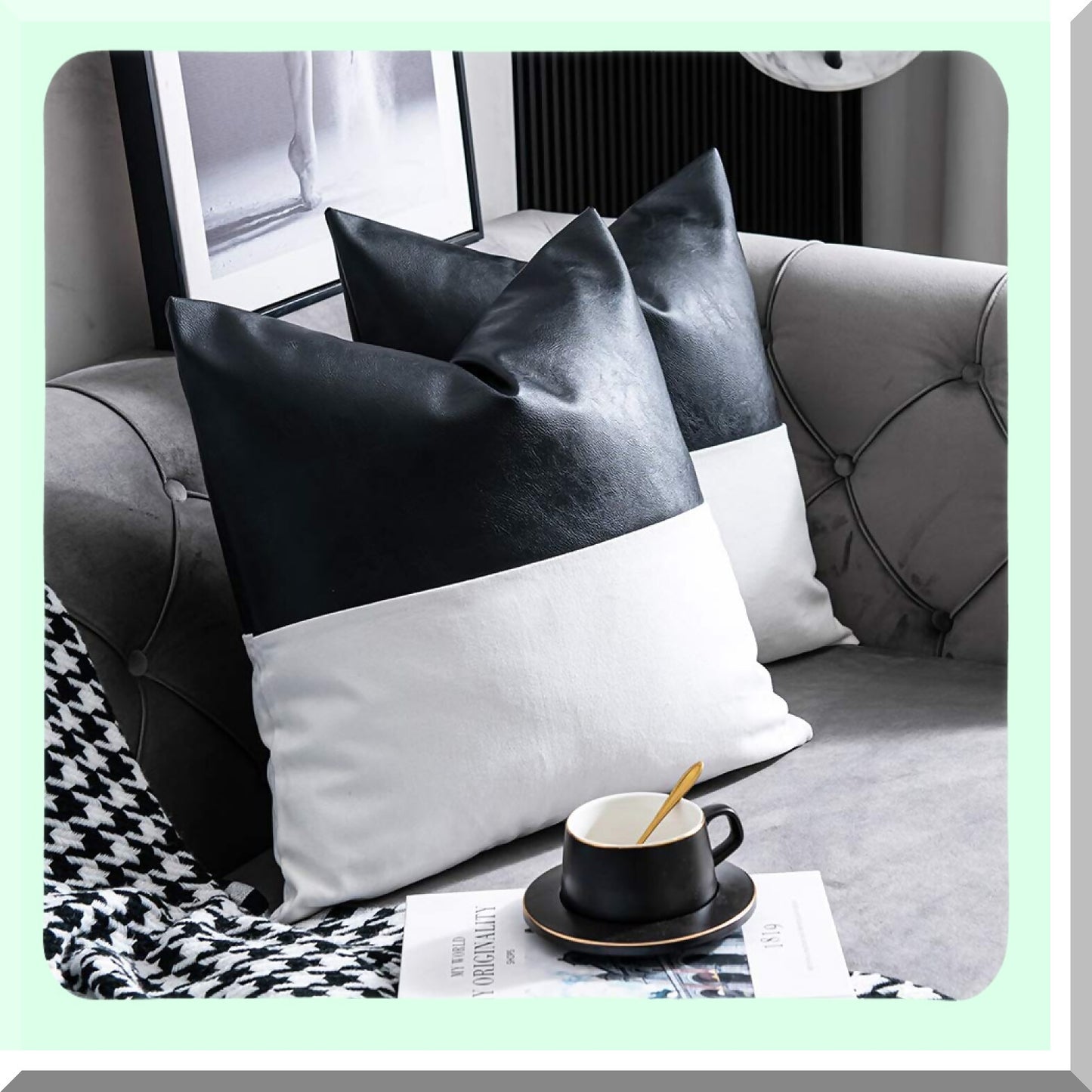 Modern Leather Accent Pillow Set - 20x20 Inch Decorative Cushion Covers for Living Room & Bedroom, Set of 2 Black & White Throw Pillowcases