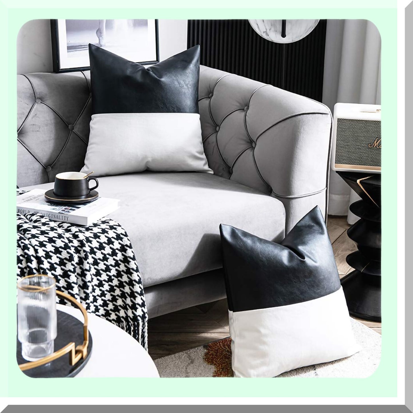 Modern Leather Accent Pillow Set - 20x20 Inch Decorative Cushion Covers for Living Room & Bedroom, Set of 2 Black & White Throw Pillowcases