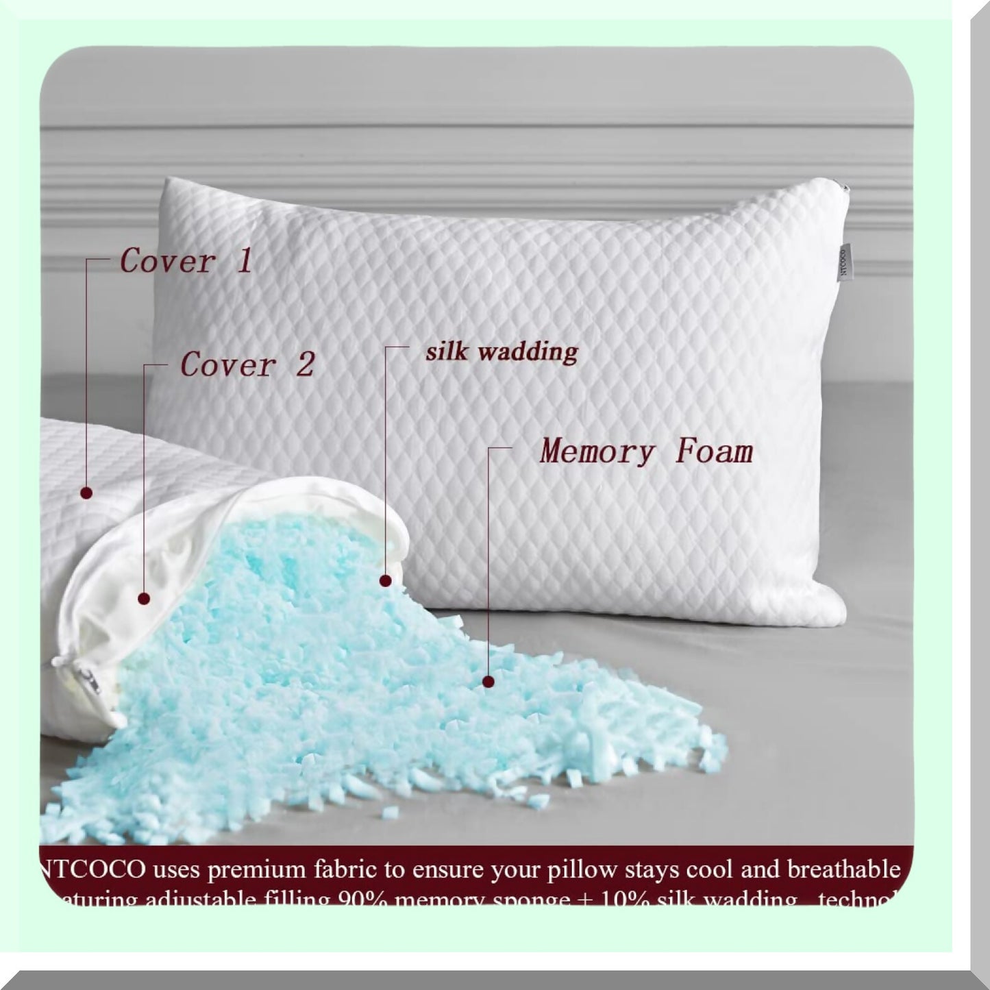 CoolDream Memory Foam Sleep Pillow - Bamboo Cooling Hypoallergenic Pillow for Back and Side Sleeper - Queen Size 1-Pack - Washable Removable Cover - Shredded Memory Foam Bed Pillow for Sleeping