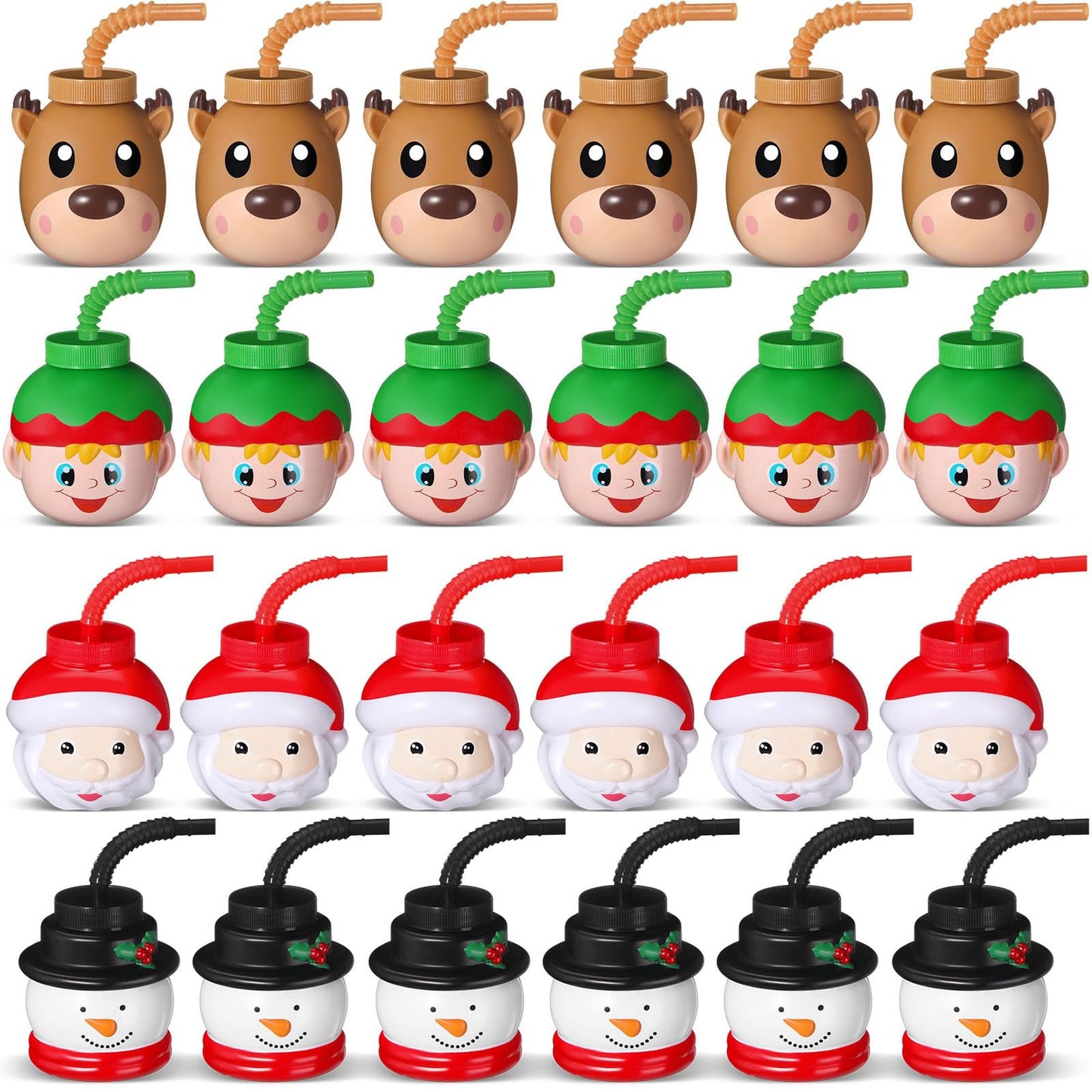 Winter Wonderland Party Cups - 10 oz Holiday Cups with Straws & Lids (24 Pack) - Cute Claus, Elk, Snowman & Elf Designs for Xmas & Birthday Gifts