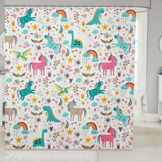 Kids Unicorn Dinosaur Shower Curtain 72" x 72"