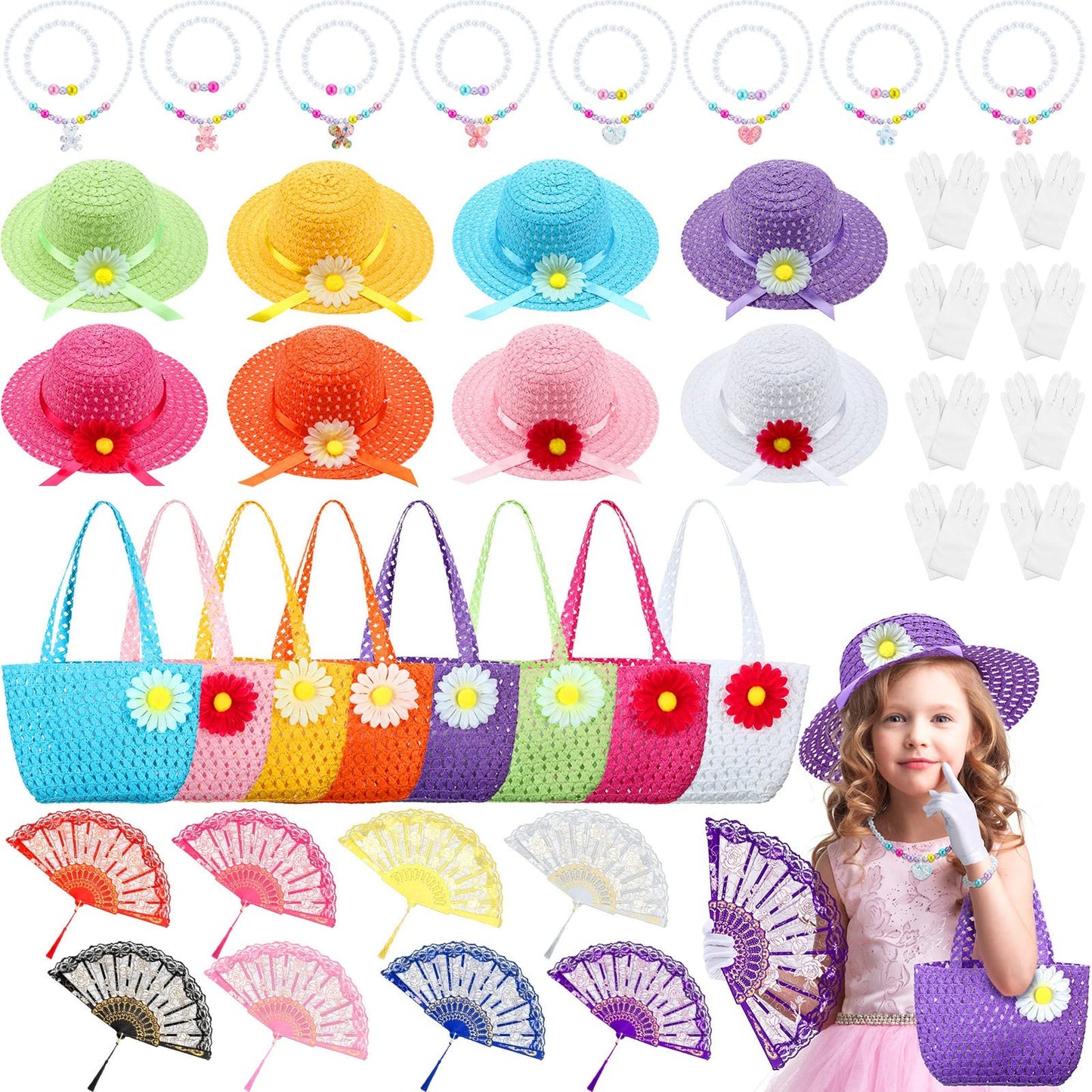 Tea Party Princess Dress-Up Set: Hats, Gloves, Fans, Purse, Necklaces, Bracelets - 48-Piece Girls Tea Party Decorations & Supplies for Let's Tea Party