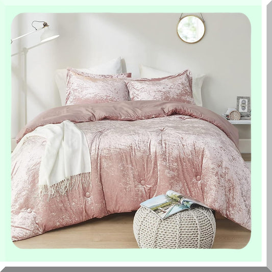Luxe Velvet Bliss Comforter Set - Plush Microfiber, Cozy Bedding, Fluffy Comforter, Matching Sham - Blush Queen Size - All Season 3 Piece Set