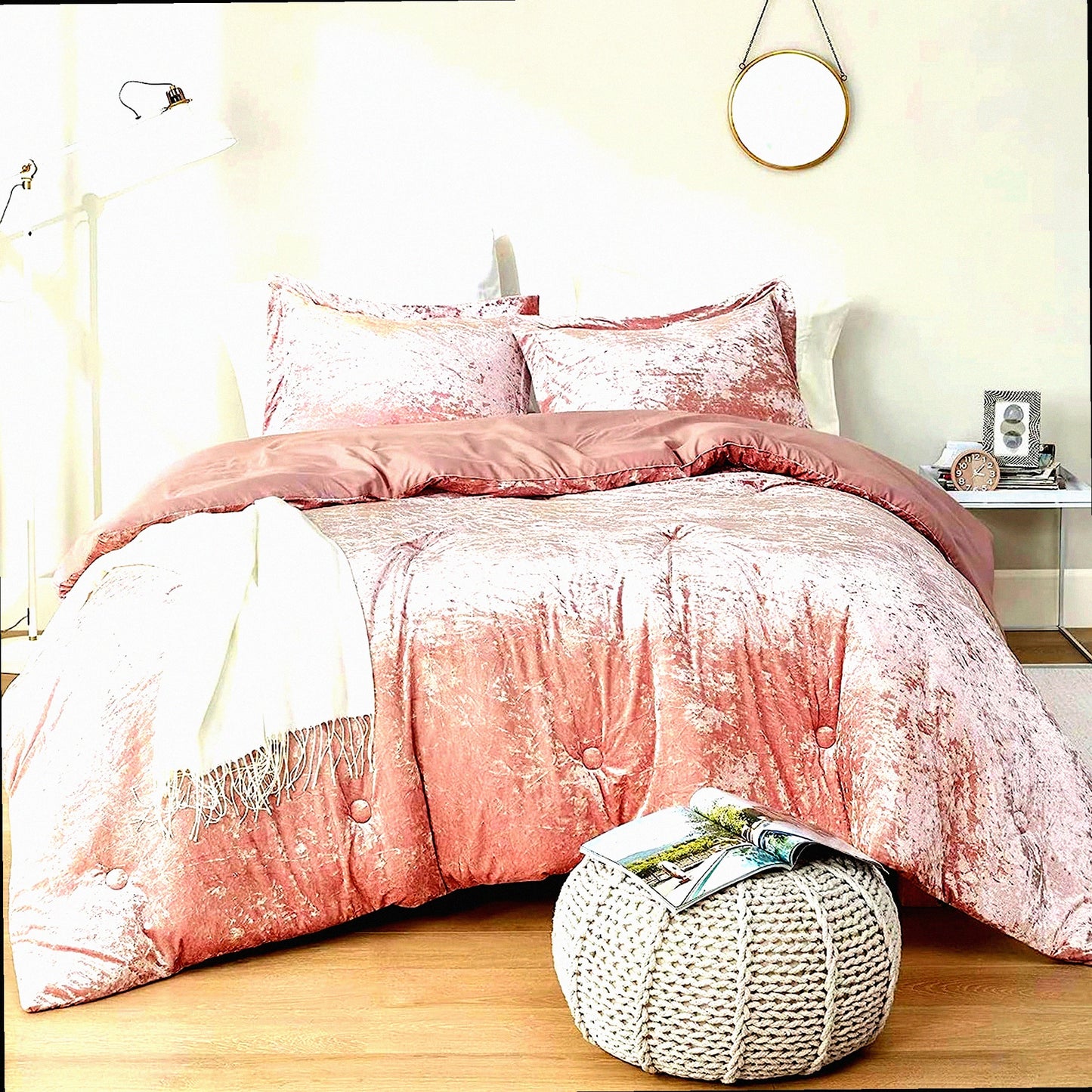 Luxe Velvet Bliss Comforter Set - Plush Microfiber, Cozy Bedding, Fluffy Comforter, Matching Sham - Blush Queen Size - All Season 3 Piece Set