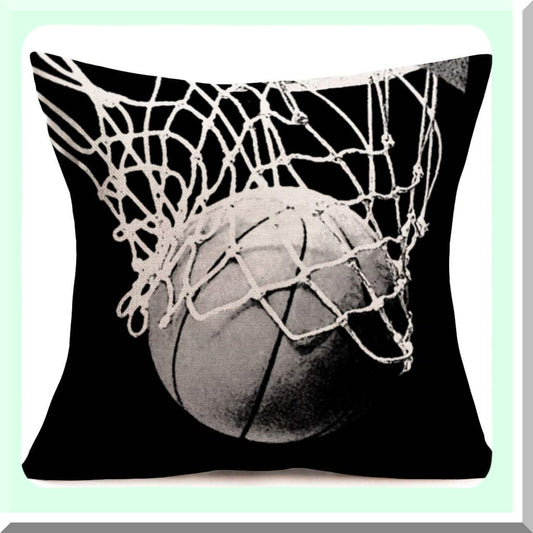 Vintage Basketball Net Throw Pillow Cover - Black & White Sport Style Cushion Case 18x18 Inch - Men's Gift - Black Ball Design - Cotton Linen