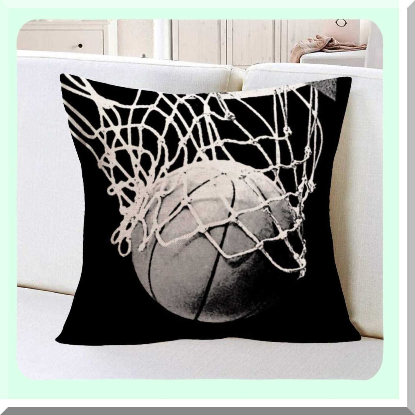 Vintage Basketball Net Throw Pillow Cover - Black & White Sport Style Cushion Case 18x18 Inch - Men's Gift - Black Ball Design - Cotton Linen