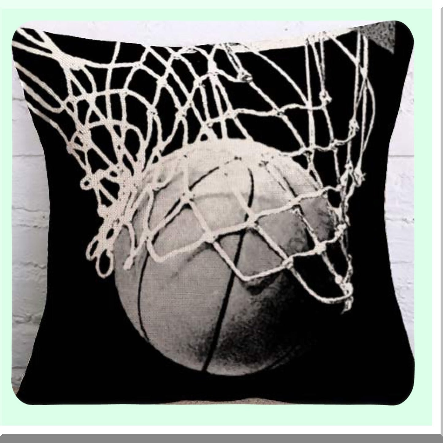 Vintage Basketball Net Throw Pillow Cover - Black & White Sport Style Cushion Case 18x18 Inch - Men's Gift - Black Ball Design - Cotton Linen