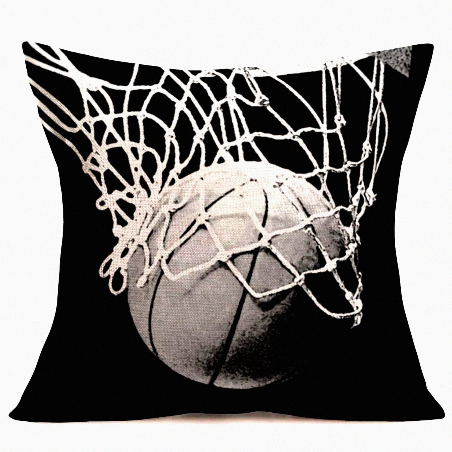 Vintage Basketball Net Throw Pillow Cover - Black & White Sport Style Cushion Case 18x18 Inch - Men's Gift - Black Ball Design - Cotton Linen