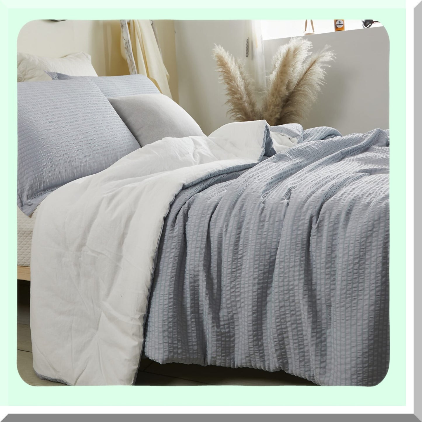 Textured Cotton Seersucker Comforter Set - Lightweight Twin Bedding with Reversible Microfiber - 3 Piece Washed Cotton Bed Set with 2 Pillowcases