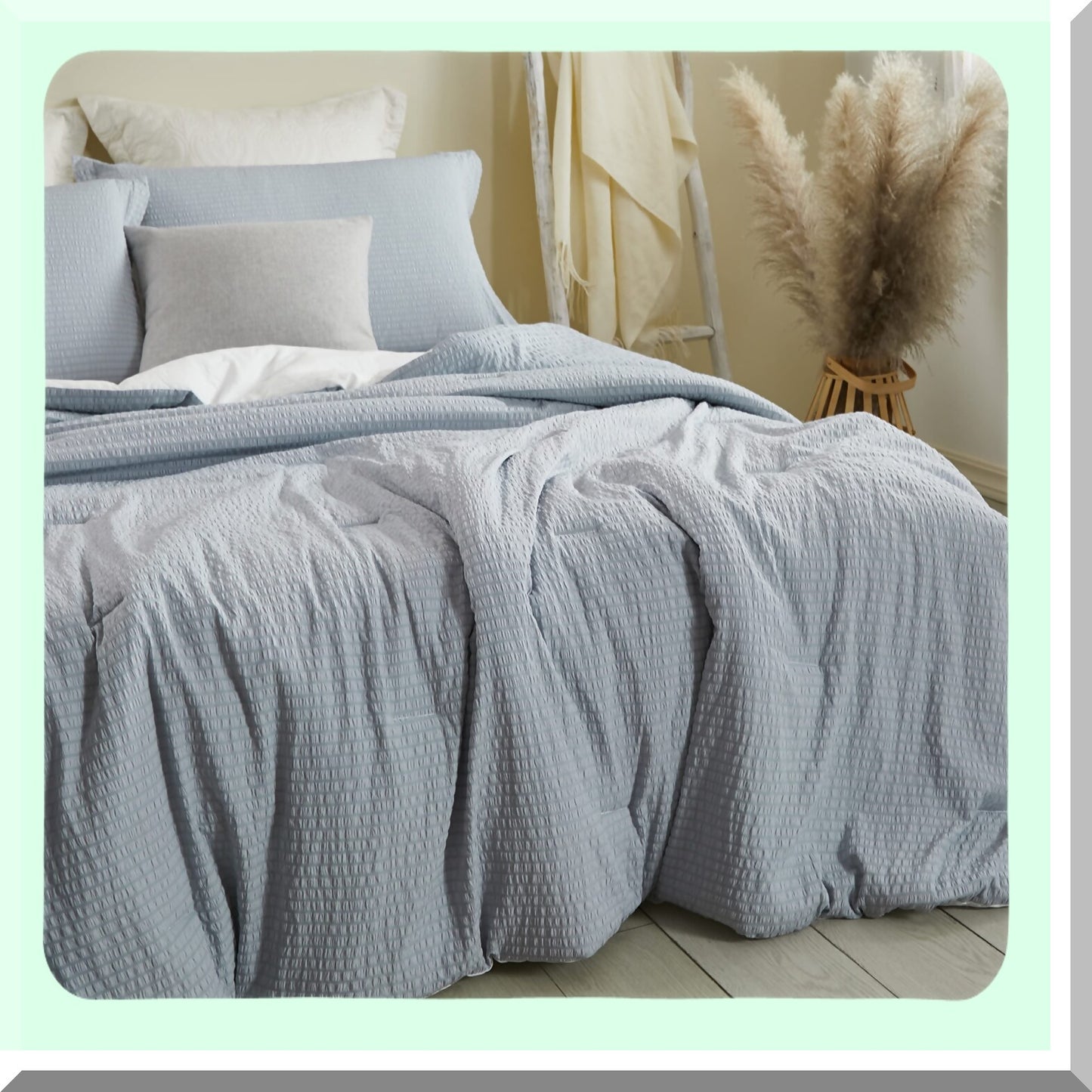 Textured Cotton Seersucker Comforter Set - Lightweight Twin Bedding with Reversible Microfiber - 3 Piece Washed Cotton Bed Set with 2 Pillowcases