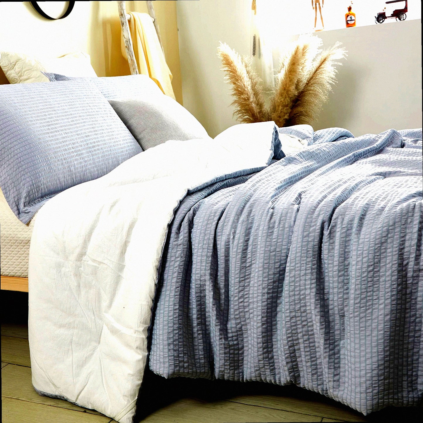 Textured Cotton Seersucker Comforter Set - Lightweight Twin Bedding with Reversible Microfiber - 3 Piece Washed Cotton Bed Set with 2 Pillowcases