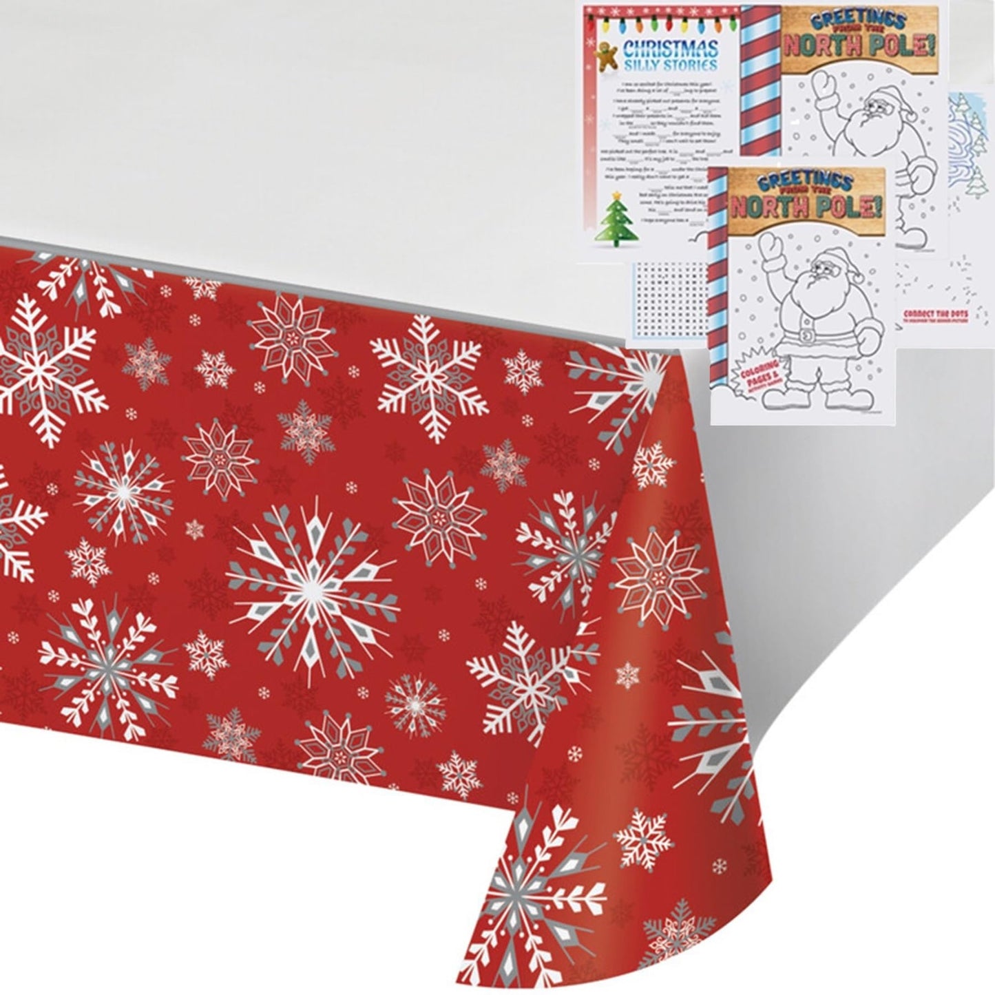 Red Winter Snowflake Disposable Table Covers with Kids Activity Booklets
